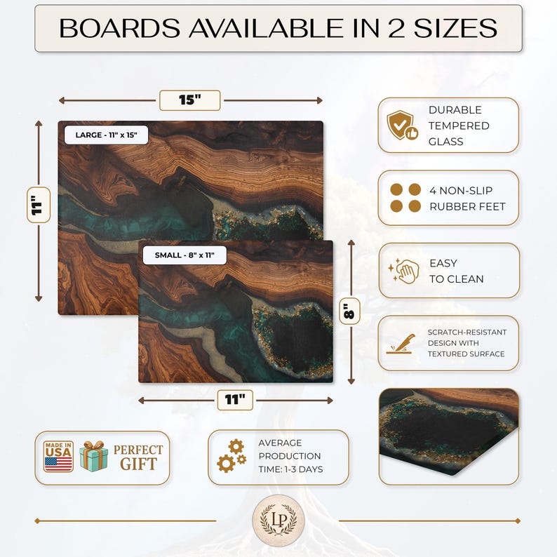 May include: Two rectangular tempered glass cutting boards with a wood grain and teal resin river design. The large board measures 11 inches by 15 inches, and the small board measures 8 inches by 11 inches. Features include non-slip rubber feet.