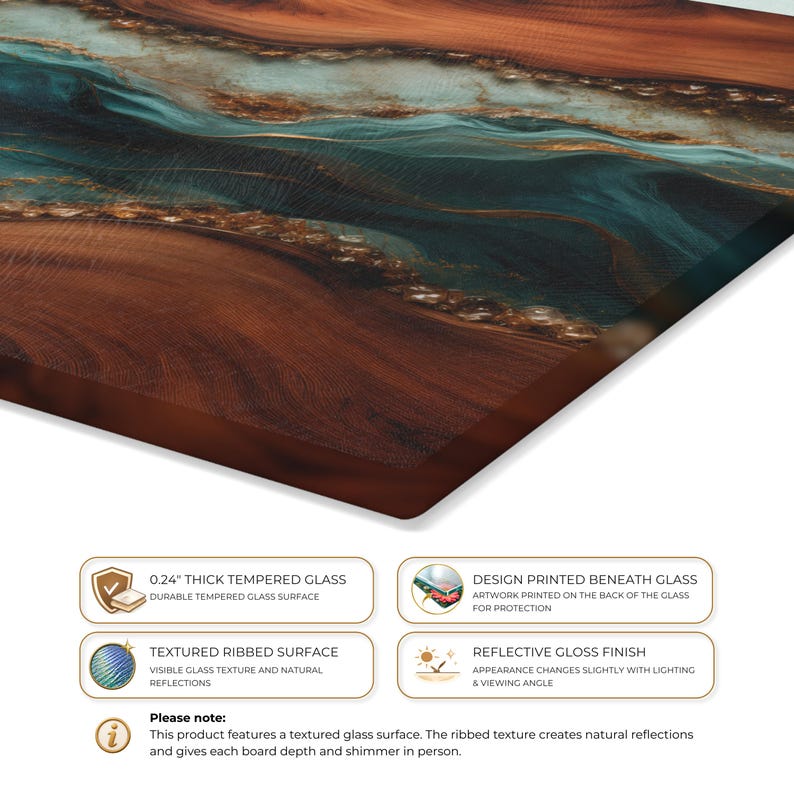 May include: A rectangular tempered glass board with a 0.24 inch thickness, featuring a printed abstract design of swirling brown wood grain patterns and flowing teal and blue liquid-like ribbons. The surface has a textured ribbed finish.