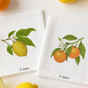 Könnte beinhalten: Zwei weiße Geschirrtücher mit gestickten Bildern von Zitruszweigen. Ein Handtuch zeigt einen Zitronenzweig mit einer einzelnen Zitrone, das andere zeigt einen Orangenzweig mit zwei Orangen. Beide Handtücher haben den Text "3 Größen" aufgedruckt.