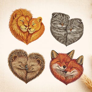 May include: Four embroidered heart-shaped designs featuring pairs of animals: a lion and lioness, two cats, two hedgehogs, and two foxes. Each pair is embracing, with closed eyes, conveying affection.