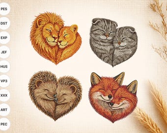 Animal Heart Embroidery Designs: Lions, Foxes, Cats, Hedgehogs (Digital Download)