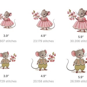 May include: Six embroidery designs of a mouse holding a sprig of pink flowers. The designs are in three sizes: 3.9 inches, 4.9 inches, and 5.9 inches. The stitch counts for each size are listed below the designs.