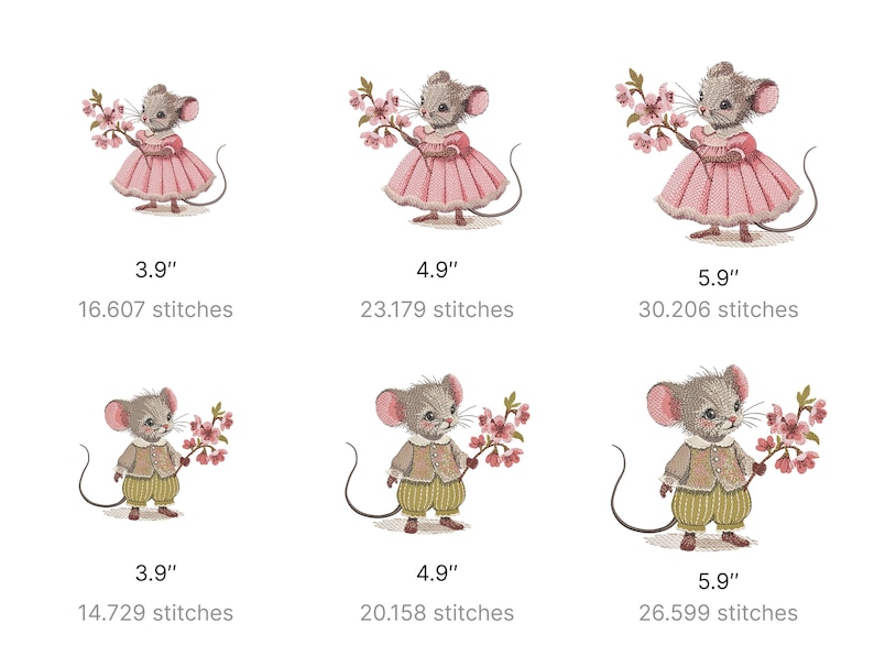 May include: Six embroidery designs of a mouse holding a sprig of pink flowers. The designs are in three sizes: 3.9 inches, 4.9 inches, and 5.9 inches. The stitch counts for each size are listed below the designs.