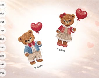 Valentine Teddy Bear Embroidery Bundle, Boy & Girl Set Love with Heart Balloons Machine Embroidery Designs
