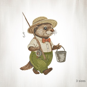 Desenho de bordado de lontra pescadora: pescador vintage (arquivo digital)