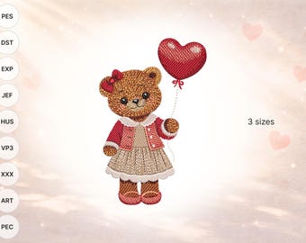 Cute Valentine Teddy Bear Girl Embroidery Design with Heart Balloon, Love Machine Embroidery