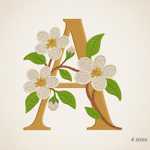 Letra mayúscula A - Monograma de flor de manzano - Diseño de bordado floral - Archivo de bordado a máquina de descarga digital