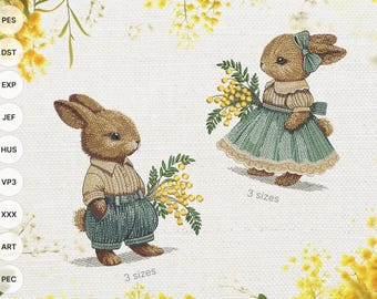 Vintage Easter Bunny Embroidery Design: Mimosas, Male & Female (Digital Download)