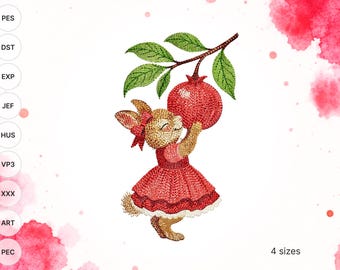 Bunny with Pomegranate Embroidery Design, Rabbit Girl Pattern, Nursery Animal Woodland File