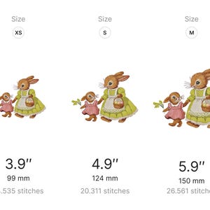 May include: Three embroidered designs of bunnies holding baskets of eggs. The designs are available in three sizes: 3.9 inches (99 mm), 4.9 inches (124 mm), and 5.9 inches (150 mm).