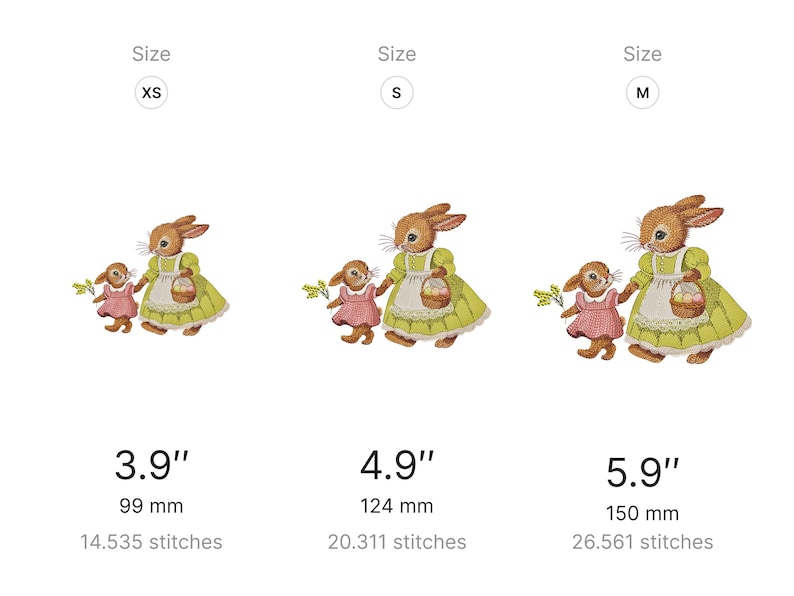 May include: Three embroidered designs of bunnies holding baskets of eggs. The designs are available in three sizes: 3.9 inches (99 mm), 4.9 inches (124 mm), and 5.9 inches (150 mm).