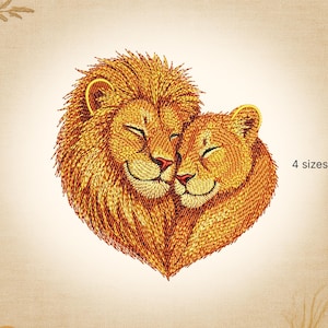 May include: Embroidered design of two lions, a male and female, forming a heart shape. The lions are golden-brown with closed eyes and smiling expressions. The text "4 sizes" is visible.