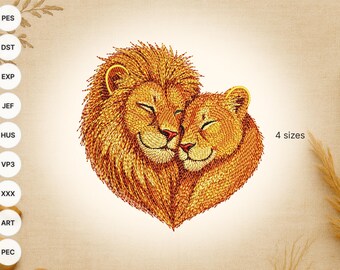 Lion Couple Heart Embroidery Design: Safari Animal File (Instant Download)