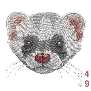 Puede incluir: Diseño bordado de la cara de un hurón con un esquema de color blanco, gris y rosa. El hurón tiene una nariz negra y pequeños ojos negros. El diseño está disponible en 4 tamaños y 9 colores.