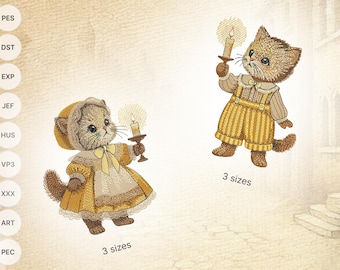 Vintage Cat Embroidery Design: Victorian Kitten with Candle (Digital Download)