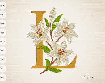Capital Letter L - Lily Monogram – Floral Embroidery Design – Digital Download Machine Embroidery File