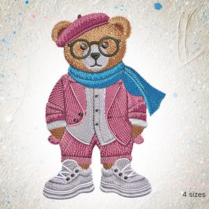 Fashion Teddy Bear Embroidery Design – Digital Machine Embroidery File – Cute Stylish Teddy Bear in Glasses & Suit – Instant Download