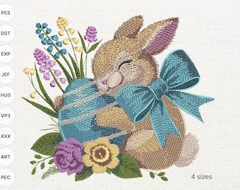 Easter Bunny Hugging Egg Embroidery Design: Floral Spring Rabbit (Digital Download)