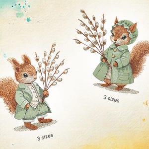 Op de afbeelding: Twee geborduurde ontwerpen van eekhoorns die takjes met katjes vasthouden. De eekhoorns dragen groene jassen en hebben bruine vacht. De tekst "3 maten" staat onder elk ontwerp.