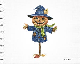Halloween Scarecrow Embroidery Design – Denim Patchwork Pumpkin, Autumn Fall Harvest Machine Embroidery Pattern