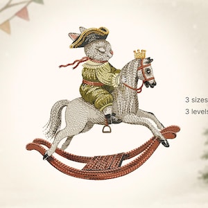 Desenho de bordado de coelho em cavalo de balanço – Coelho de brinquedo vintage, arquivo de bordado à máquina detalhado