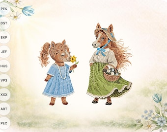 Vintage Easter Horse Bundle – Mother & Child Designs, Spring Floral Animal, Machine Embroidery Files