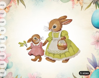 Vintage Easter Rabbit Mom and Baby Embroidery Design (Digital Download)