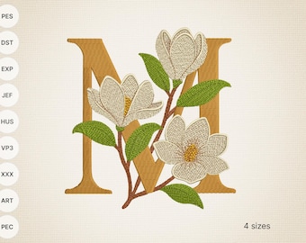 Magnolia Monogram Letter M - Floral Embroidery Design (Digital Download)