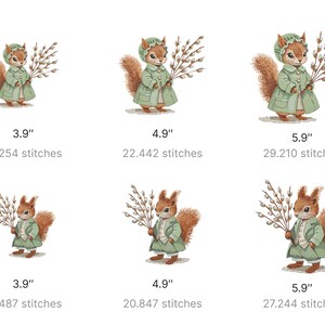 May include: Six embroidery designs of a squirrel wearing a green dress and a bonnet, holding a sprig of willow branches. The designs are available in three sizes: 3.9 inches, 4.9 inches, and 5.9 inches.