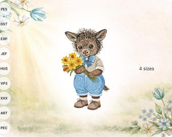 Little Easter Donkey Embroidery with Flowers – Farm Animal Baby Digital File Spring Machine Pattern