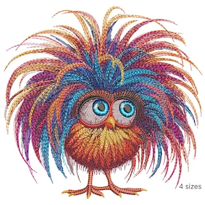 Puede incluir: Diseño bordado de un búho colorido con una cabeza grande, puntiaguda y multicolor de plumas. El búho tiene ojos grandes, redondos y azules y un pequeño pico naranja. El búho está de pie sobre dos patas con tres dedos cada una.