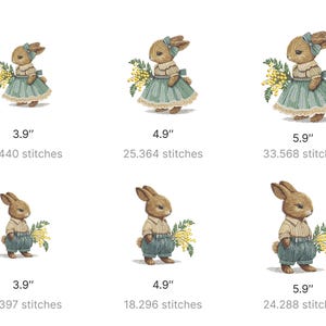 May include: Six embroidered designs of a brown bunny holding a bouquet of yellow mimosa flowers. The bunny is wearing a blue dress or pants and a white shirt. The designs are available in three sizes: 3.9 inches, 4.9 inches, and 5.9 inches.