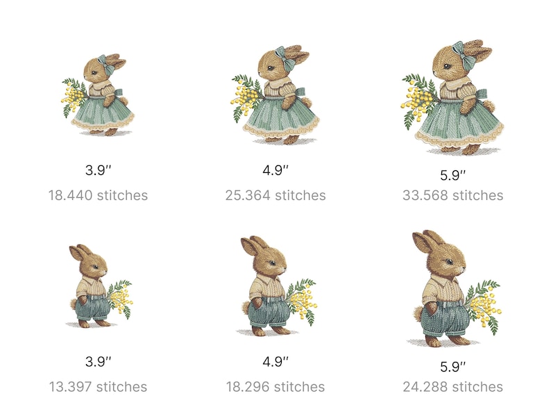 May include: Six embroidered designs of a brown bunny holding a bouquet of yellow mimosa flowers. The bunny is wearing a blue dress or pants and a white shirt. The designs are available in three sizes: 3.9 inches, 4.9 inches, and 5.9 inches.