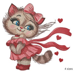 Diseño de bordado de gatita: Gatita esponjosa con lazo, vestido y corazones. Archivo de bordado digital a máquina.