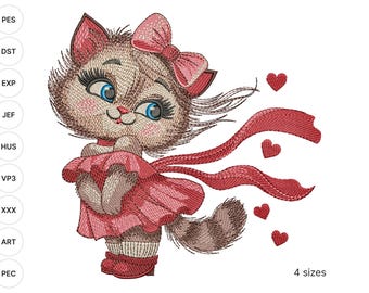 Valentine Girl Kitty Embroidery Design: Fluffy Cat with Bow (Digital File)