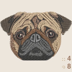 May include: Embroidered pug dog face with brown, black, and beige fur. The image includes the text "4 sizes" and "8 colors".
