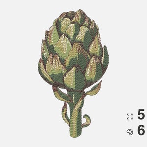 Può includere: Ricamo di un carciofo in tonalità di verde, marrone e bianco. Il design è disponibile in 5 dimensioni e 6 colori.