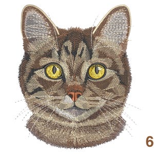 May include: Embroidered cat face with yellow eyes and brown and tan fur. The cat's face is centered, with the ears and whiskers visible. The text "6 sizes" is in the bottom right corner.