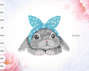 Easter Bunny with Blue Polka Bow Embroidery Design – Rabbit Face Machine Embroidery File