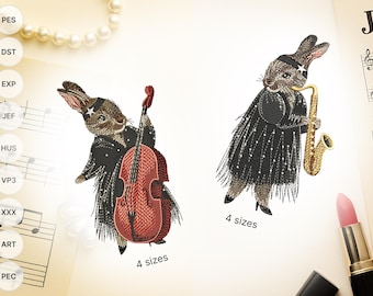Bunny Jazz Band Embroidery Designs – Double bass & Saxophone Rabbits, Animal Musician Pattern