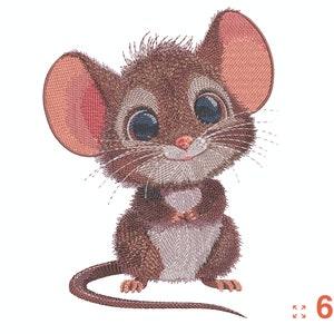 May include: Embroidered design of a cute cartoon mouse with big eyes and a brown and white body. The mouse is sitting with its paws crossed and has a tail that curls around its body. The design is available in 6 sizes.