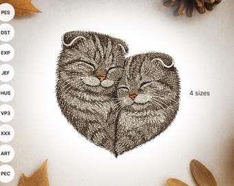 May include: An embroidered design featuring two gray tabby cats forming a heart shape. The cats are depicted with closed eyes and a peaceful expression. The text "4 sizes" is visible.