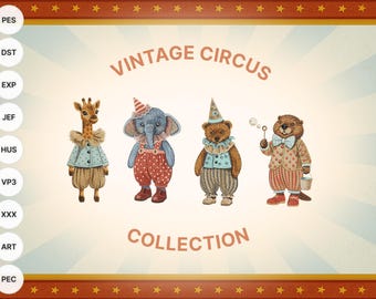 Vintage Circus Animals Embroidery Bundle – Elephant, Giraffe, Bear & Tiger Designs, Baby Machine Embroidery Patterns