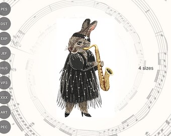 Jazz Bunny Embroidery Design – Saxophone Rabbit Machine Pattern, Animal Musician Embroidery, Instant Download