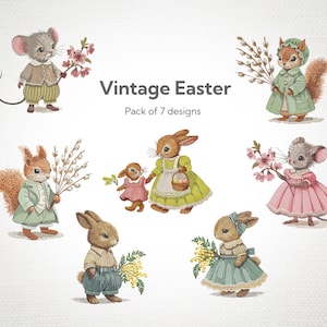 May include: A set of seven vintage Easter-themed embroidery designs featuring a variety of animals, including bunnies, squirrels, and mice. The designs include floral accents and spring-themed elements.