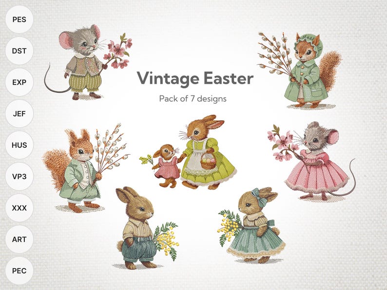 May include: A set of seven vintage Easter-themed embroidery designs featuring a variety of animals, including bunnies, squirrels, and mice. The designs include floral accents and spring-themed elements.