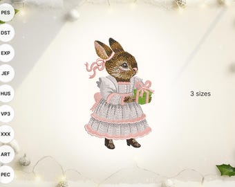 Vintage Christmas Bunny Machine Embroidery Design – Rabbit with Gift (Digital Download)
