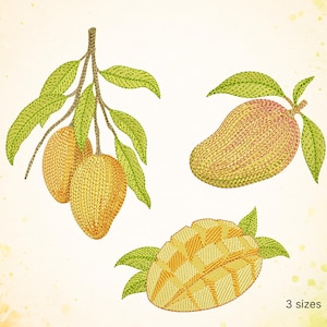 Puede incluir: Diseño bordado de mangos con hojas verdes. Dos mangos cuelgan de una rama, con un mango individual y un mango cortado. El diseño utiliza colores amarillo, naranja y verde. También se ve el texto '3 tamaños'.