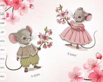 Vintage Easter Mouse Embroidery Design: Cherry Blossoms Bundle (Digital Download)
