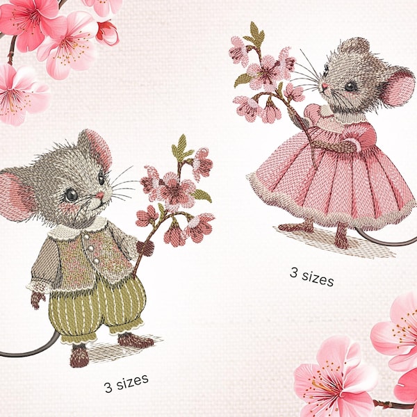 Vintage Easter Mouse Embroidery Design: Cherry Blossoms Bundle (Digital Download)